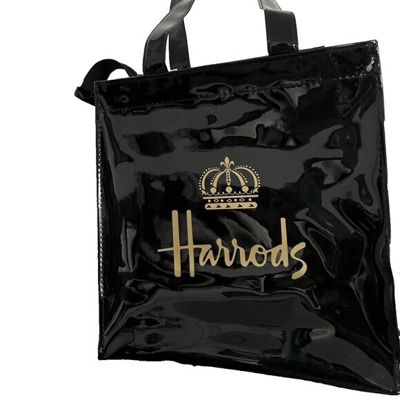 HARRODS LONDON PVC Shopping Tote Bag Glossy Black color Small BNWT - Picture 2 of 7